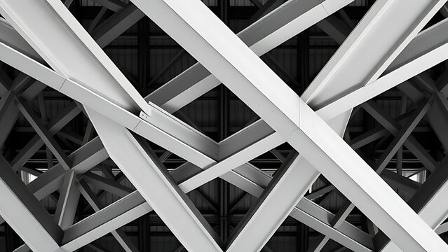 disequilibrium. Structural lattice of intersecting steel I-beams forming a repeating geometric pattern. real-estate listings.