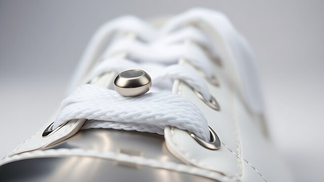 aglet. Close-up of a metal aglet on a new white shoelace. product launch decks, UI/UX mockups, designed for data visualization dashboards and holographic UIs, used by motion designers.