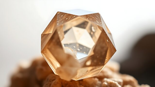 condoning. A naturally formed icosahedral crystal mineral, refracting geometric light in soft natural lighting against a clean background. STEM education sheets.