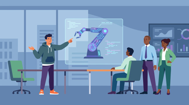 Engineer Presenting Robotic Arm Concept to Business Team