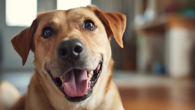 Close up of a happy golden retriever mix dog smiling and panting indoors for pet companionship concept and loyalty