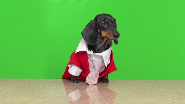 A dachshund dog in white shirt, pink tie and red sweater sits on a reflective counter against green chromakey, isolated dressed pet portrait
