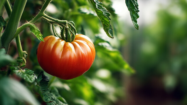 Close up of a big fresh tomato growing on the vine in a garden, vibrant red color, natural light, organic farming concept, healthy food and agriculture theme.