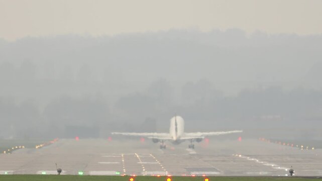 Passenger aircraft departs from runway into a hazy sky as travelers begin their exciting journey