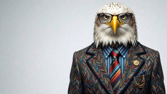 A eagle wearing glasses and a funky jacket looking at the camera 