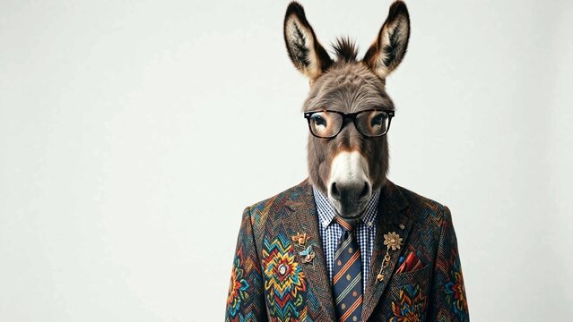 A donkey wearing glasses and a funky jacket looking at the camera 