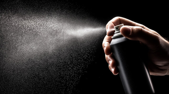 Hand spraying aerosol mist from can in dark background, capturing fine particles, motion, and concept of hygiene, fragrance, or chemical dispersion.