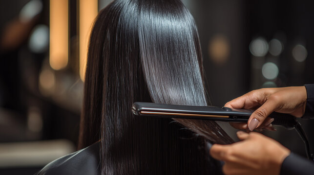 Hairdresser using flat iron to straighten long hair in salon, highlighting beauty care, styling process, and professional hair treatment.