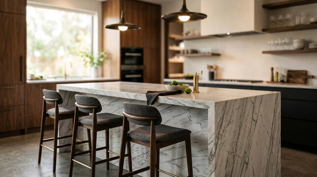 A sleek white marble kitchen island features elegant grey upholstered wooden bar stools arranged neatly to create a sophisticated and modern seating area for relaxing with friends and family members.
