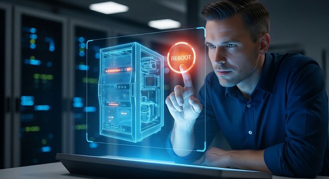 System reboot concept. An IT professional's hands interact with a hologram of a single server, touching a button that initiates a reboot, showing a glowing circular 'reboot' icon.