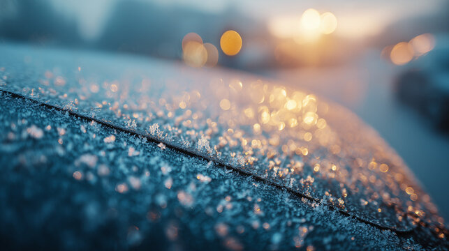 Frozen car windshield covered with icy frost texture, winter morning detail, cold weather concept, frozen glass surface with natural ice patterns.