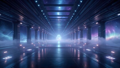Fototapeta premium A futuristic corridor with a bright light at the end, featuring a sleek metallic ceiling, illuminated pillars, and a misty atmosphere, showcasing a technological environment.