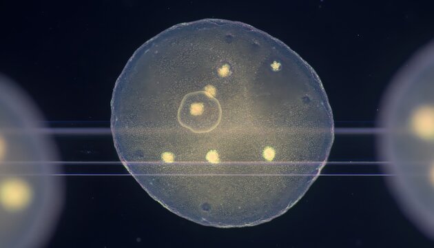 Microscopic view of glowing cells floating in a dark environment with bright yellow spots.