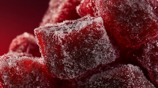 Close up of frozen raw meat chunks covered in heavy frost, textured surface, cold storage concept, frozen food background with icy crystals.