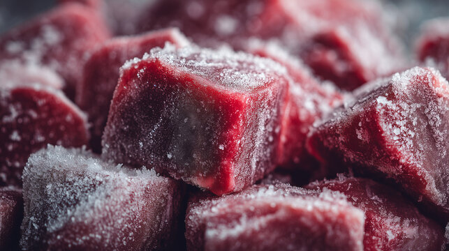 Close up of frozen raw meat chunks covered in heavy frost, textured surface, cold storage concept, frozen food background with icy crystals.