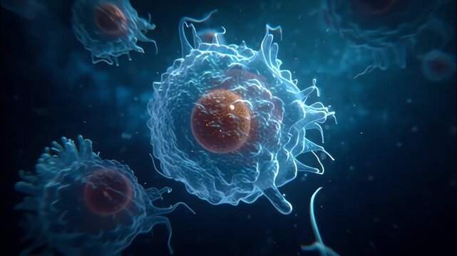 blue glowing digital virus cells with intricate textures floating in dark space