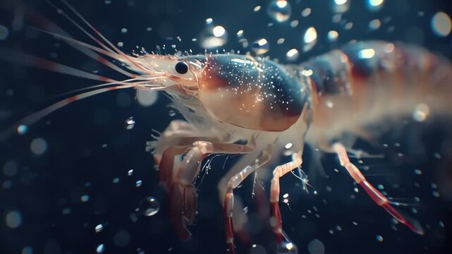 close-up underwater macro shot of vibrant blue shrimp with glowing particles in dark water