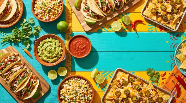 Flat lay of Mexican food feast with tacos nachos and guacamole on colorful table.