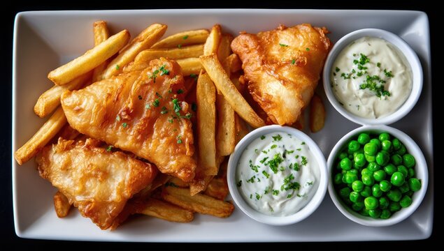Classic British Fish and Chips Meal with Mushy Peas and Tartar Sauce.