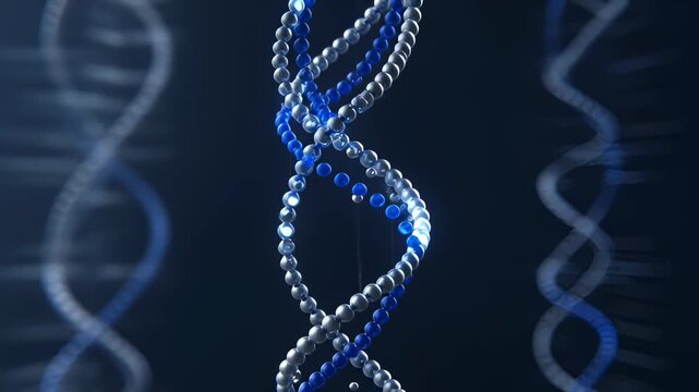 Abstract Dna Double Helix Structure Rotating and Glowing in Dark Background, Science and Technology Concept