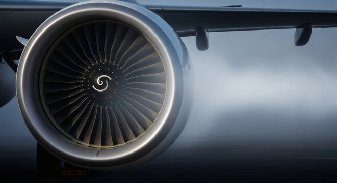 A close-up view of an airplane engine with a sleek design and a cloudy sky in the background.