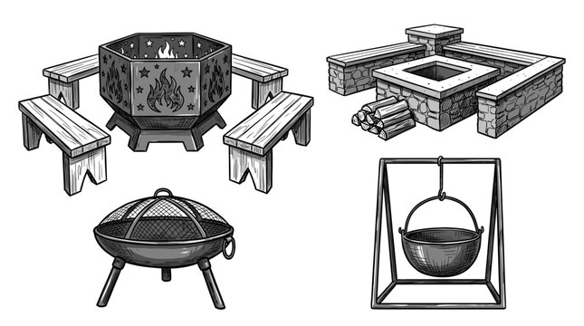 Monochrome vector collection of various outdoor fire pit designs, featuring metal bowls, stone fireplaces with wooden benches, and a hanging cooking cauldron for backyard patios