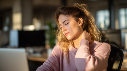 Obraz premium Young woman working on laptop in office touching neck in pain, experiencing stiffness and discomfort, warm sunlight, workplace health and posture concept.