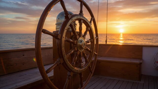 Sailing into the Horizon: The ship's helm, a symbol of direction, stands resolute as the sun dips below the horizon, casting a warm glow over the tranquil sea and sky. 