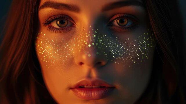 Glimmering Gaze: A captivating close-up of a woman's face, her eyes reflecting warmth and allure, framed by glowing specks of light that add a touch of mystique.