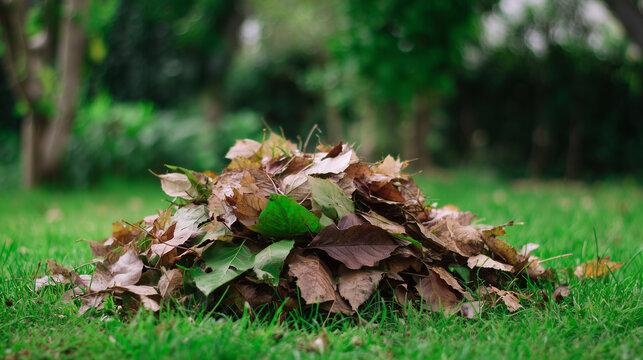 Pile of dry brown leaves on green grass in a garden, showcasing autumn foliage texture, yard cleanup concept, and natural outdoor environment.
