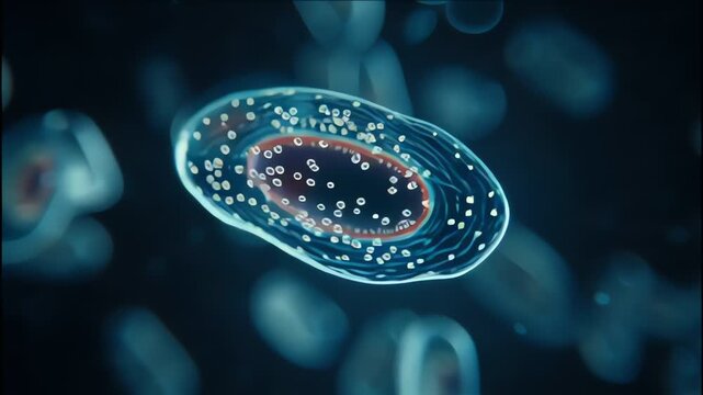 abstract microscopic view of translucent oval cells with glowing edges on dark blue background