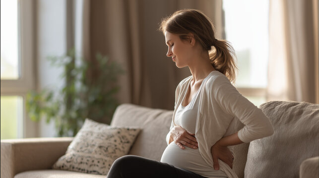 Pregnant woman sitting on sofa holding lower back and belly with discomfort expression, showing pain during pregnancy at home