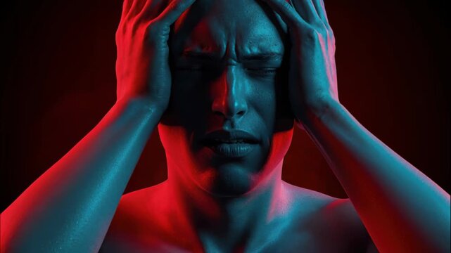 Stressed Individual: A solitary individual is caught in a moment of acute distress, the person's hands clasped firmly to head in a gesture of emotional overwhelm, the image bathed in stark.