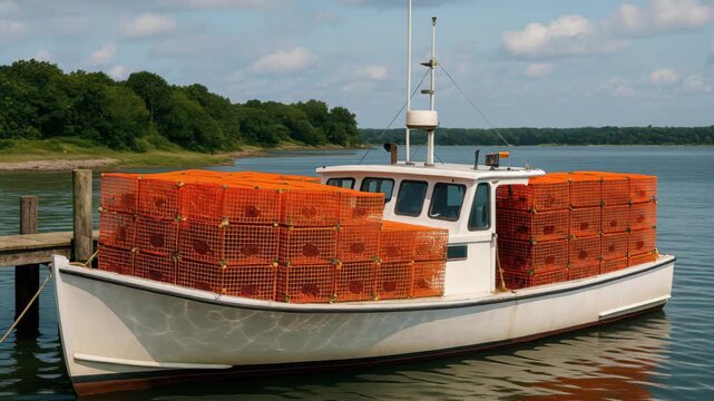 Coastal Catch: A sturdy fishing vessel, laden with vibrant orange lobster traps, floats serenely in the calm waters of a picturesque bay, showcasing the essence of coastal industry.
