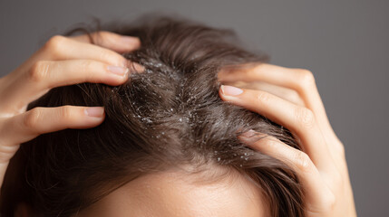 Naklejka premium Top view close up of woman scalp with visible dandruff flakes, highlighting hair health issue, dryness, and dermatology concept.