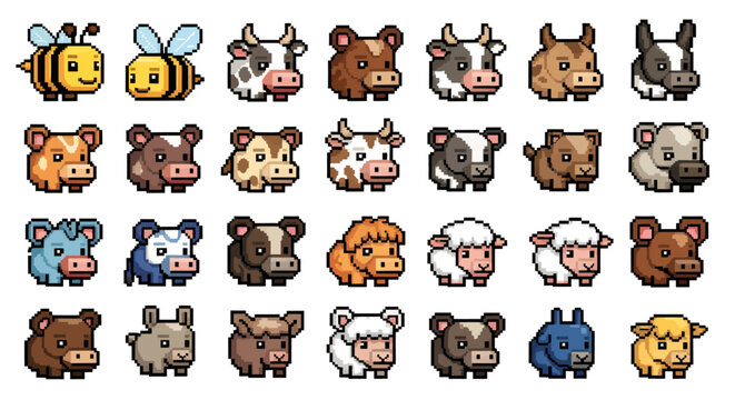 Collection of Cute Cartoon Pets and Farm Animals in a Colorful Grid.