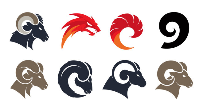 Collection of stylized ram head logos in multiple colors and designs for branding and graphic use.