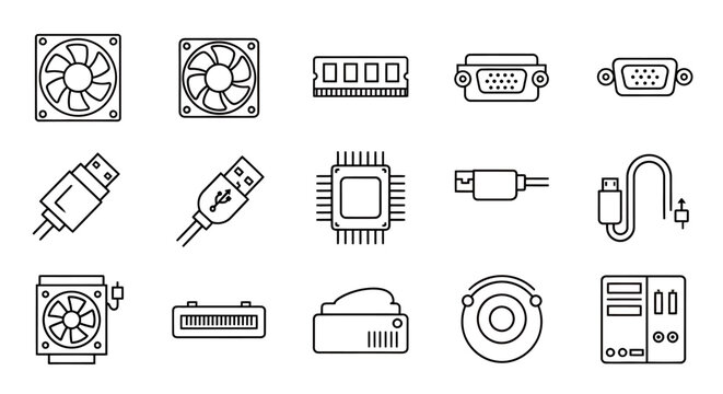 Close-up collage of computer components and hardware parts including fans, cables, boards, and microchips.