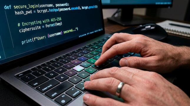 Professional Programmer Writing Secure Encryption Python Code for Web Development