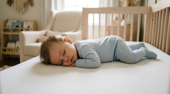 A baby sleeps peacefully on a mattress in a nursery with furniture.