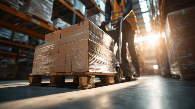 Forklift moving pallet of boxes in a warehouse, sunlight creating dynamic industrial scene with logistics, storage, and transportation operations.