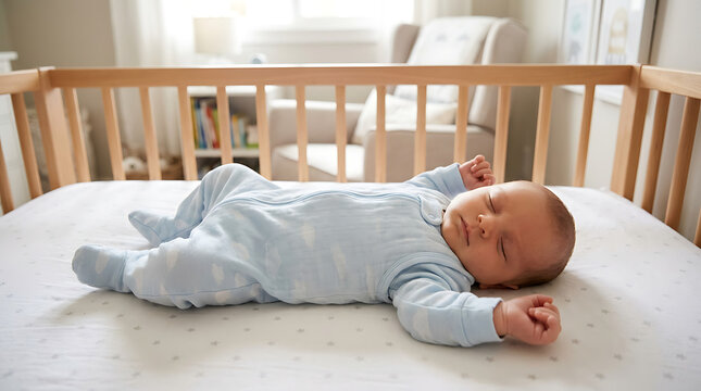 Baby lies on back in crib wearing blue pajamas at home indoors