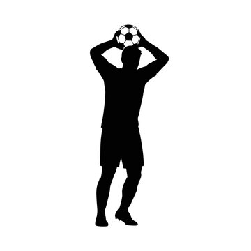 Silhouette of a soccer player in motion, about to throw the ball in for a throw-in, captured in a minimalist design on a white background