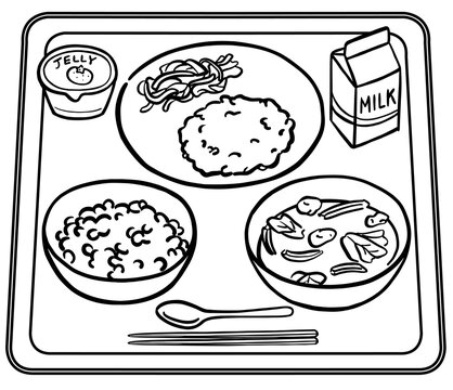 紙パック牛乳と白米の給食メニュー　線画