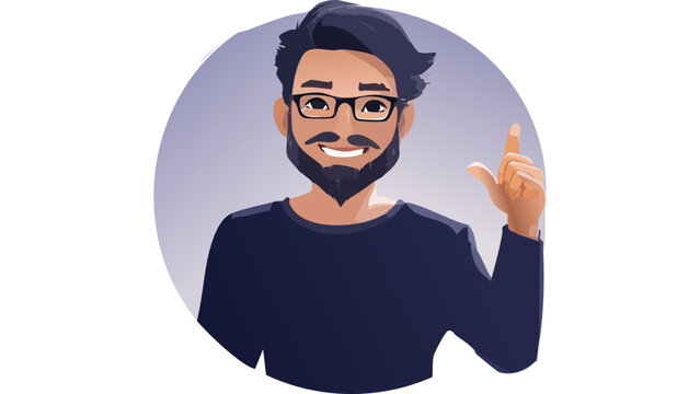 Bearded man pointing upward with confident smile representing idea inspiration and creative thinking moment vector