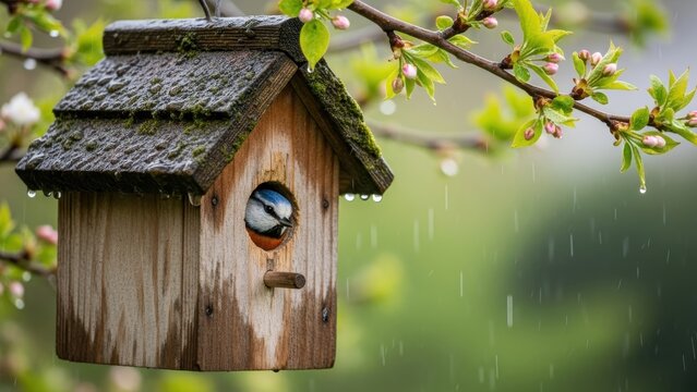 A nuthatch bird looking out from a weathered birdhouse in the spring rain.