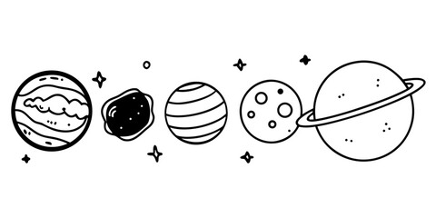 Bring the magic of the galaxy into your designs! ✨" A collection of planet illustration assets in an iconic hand-drawn line art style. Perfect for social media content, t-shirt designs, and stickers.  © enezxy