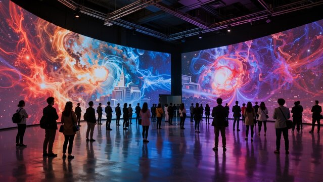 People watching immersive digital art installation