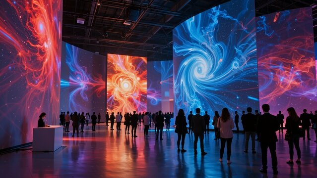 People viewing immersive digital art installation