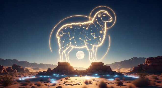 Zodiac Aries neon sign in desert landscape at sunset bangali new year